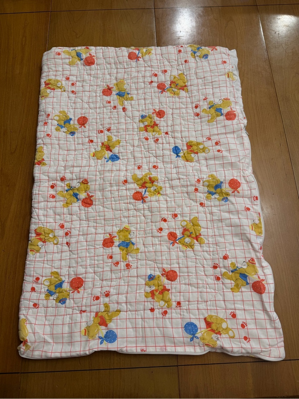 Vintage 1970s Dundee Teddy Bear Grid Flannel Baby Receiving Blanket | OS